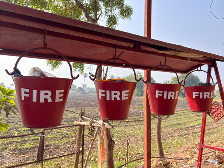 Four red buckets with the word fire written on them. The buckets are hanging from a metal structureの写真素材
