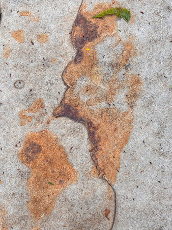 A cracked concrete slab with a leaf on it. The crack is brown and the leaf is greenの写真素材