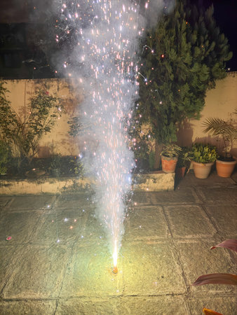 A firework display is lit up in a garden. The fireworks are shooting up into the air, creating a beautiful and colorful display. Scene is festive and joyfulの写真素材