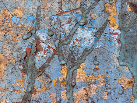 A wall with a blue and orange paint splatter. The wall has a lot of cracks and peeling paint