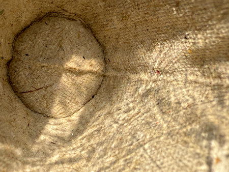A close up of a brown object with a hole in the center. The object is made of a material that is not paper, but it looks like it could beの写真素材