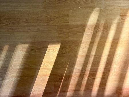 A wooden floor with a sunbeam shining through a window, casting shadows on the floor. The shadows...