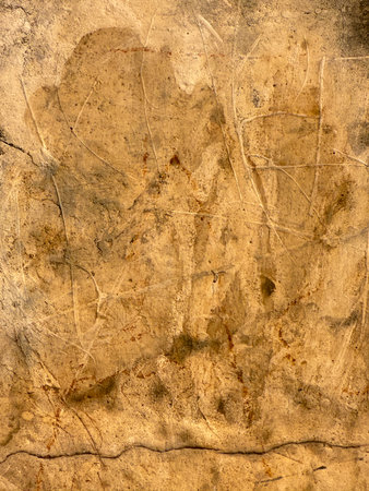 A brown and dirty wall with a hand print on it. The wall has a rough texture and he is oldの写真素材