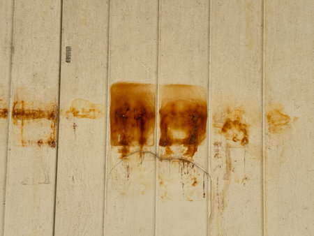 A wall with two brown spots on it. The spots are likely rust stains, and the wall appears to be old and worn. Scene is somewhat somber and nostalgicの写真素材