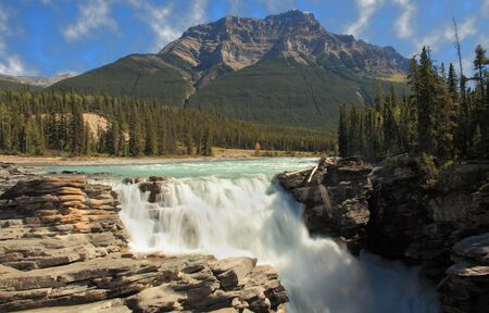 Mount Kerkeslin and the Athabaska River in Jasper National Parkの写真素材