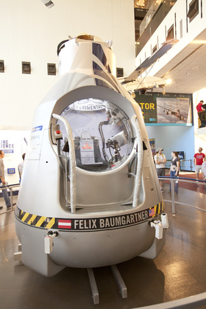 WASHINGTON D.C. - MAY 24, 2014: The Red Bull Stratos capsule that Felix Baumgartner jumped from in the world - record  longest freefall. The capsule  has an exterior shell comprised of insulated fiberglass.のeditorial素材