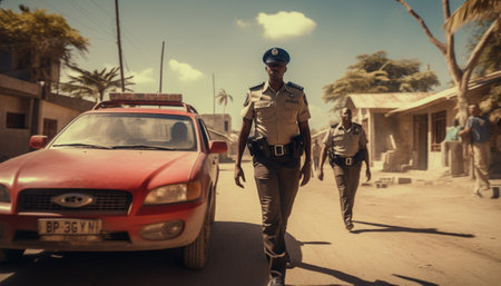 African american police man and woman walking on a street in Havana, Cubaの素材
