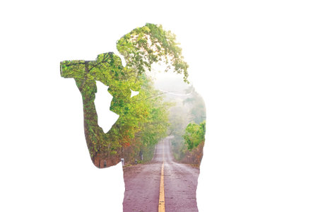 Empty road street with lots of tree forest beside with shape like a man hold camera and going to...