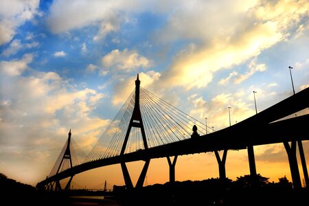 The Bhumibol bridge at twilight of Thailand, Beautiful bridge,silhouette bridgeの写真素材