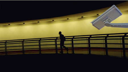 CCTV closed circuit camera in Silhouette shadow people on the corridor