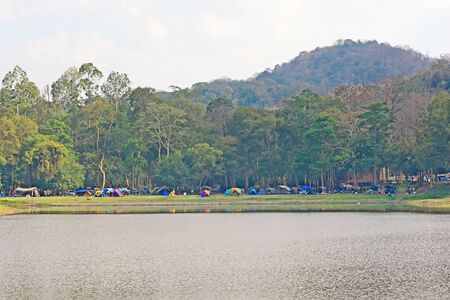 Landscape of lots of tent beside the reservoir, river at Samlan national park, Saraburi, Thailandの写真素材