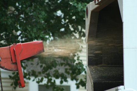 Wood chipper spraying chips into a truckの写真素材