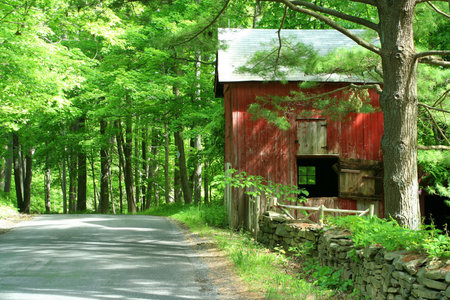 A Red barn in the woods near a roadの写真素材
