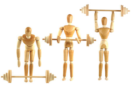 A Weight lifting wooden manikin seriesの写真素材