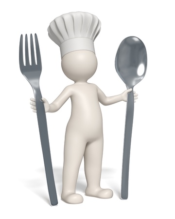3d rendered restaurant symbol - Chef standing with fork and spoon in his hands - Isolatedの写真素材
