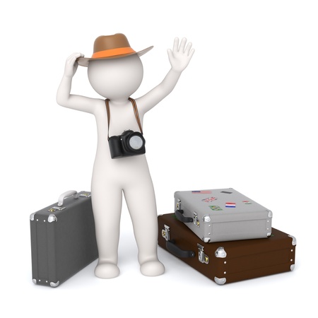 3d rendered white tourist with a digital camera waiting near his baggages and waving - Isolatedの写真素材