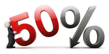 3d rendered business man in black suit carrying a fifty percent sign - Image on white background...