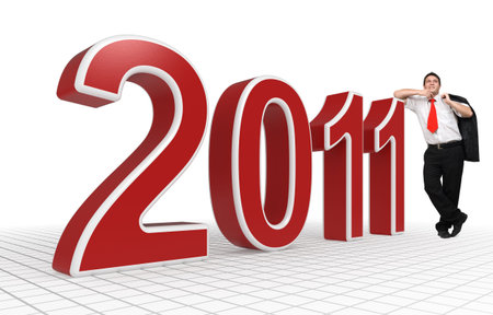 3d rendered illustration of 2011 symbol combined with a photo of a young happy business man