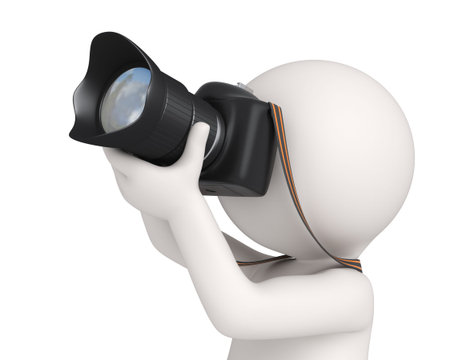 Closeup of a 3d virtual photographer aiming to the sky with his digital camera - Isolatedの写真素材
