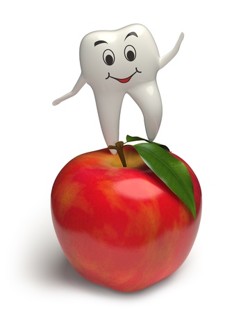 Photorealistic 3d render of a white smiling tooth jumping on a highly detailed apple with leavesの写真素材
