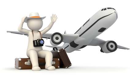 3d rendered white tourist with a digital camera waiting near his baggages and waving to the airplane - Image rendered with soft shadowsの写真素材