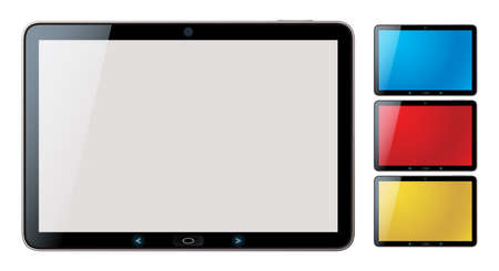 Picture-realistic illustration of different colored horizontal tablet pc set with copy space on the screen - isolatedのイラスト素材