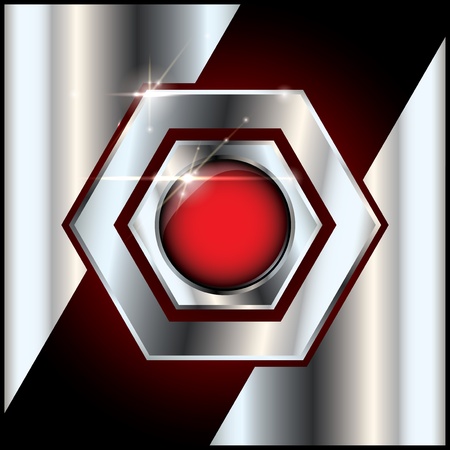 Abstract metal background and red glossy button in the middle with copyspace and lens flare effectのイラスト素材