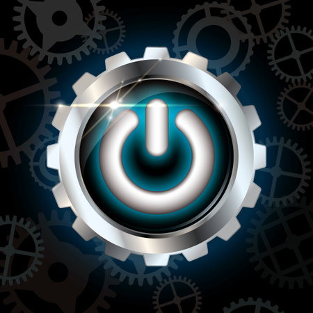 Blue power on shining metallic vector button on dark blue background with gear silhouettes and lens...