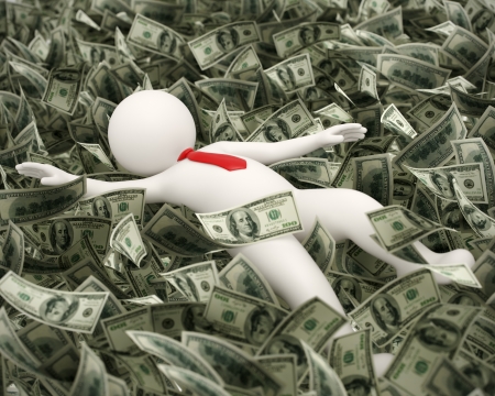 3d rendered business man just got lucky and rich and he is swimming in money oceanの写真素材