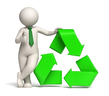 3d rendered man standing near a green recycle icon or symbol showing thumbs upの写真素材