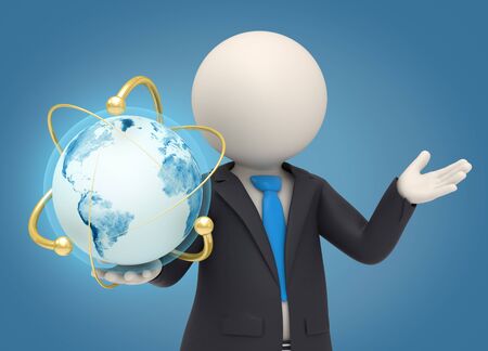 3d rendered business man holding an earth globe in his hand surrounded by gold atomic powersの写真素材