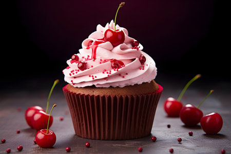 a cupcake with cherry on the table with soft lightの素材