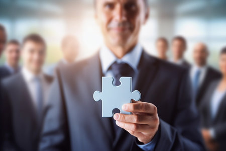 A businessman holding a piece of jigsaw in his hand with his team in the background, a Business, and teamwork conceptの素材