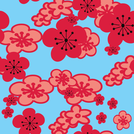Vector light blue background pink red cherry blossoms flower. seamless pattern background.