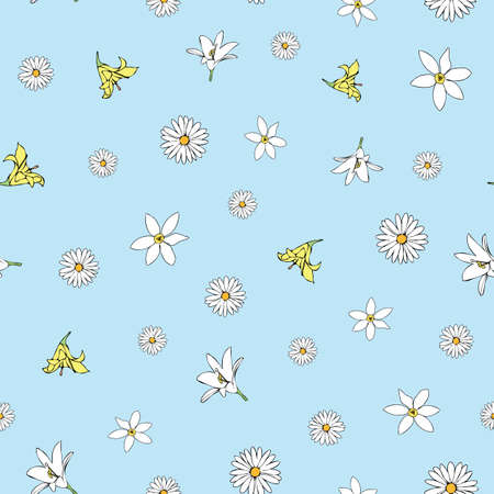 Vector blue background white yellow lemony floral seamless pattern. Daisies, Lilies. Seamless pattern backgroundのイラスト素材