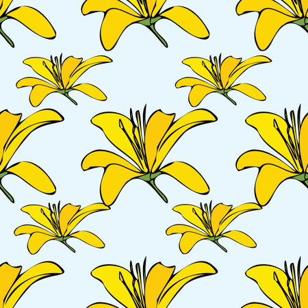 Vector blue background white yellow lemony floral seamless pattern. Daisies, Lilies, Crocus....