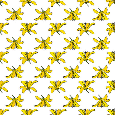 Vector white background yellow pink floral seamless pattern. Lilies, Tulips. Seamless pattern backgroundのイラスト素材