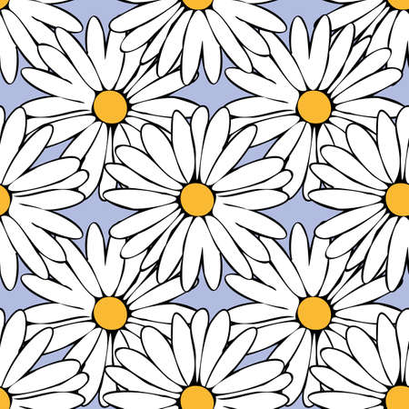 Vector pastel blue background daisy flowers seamless pattern. butterflies. Seamless pattern backgroundのイラスト素材