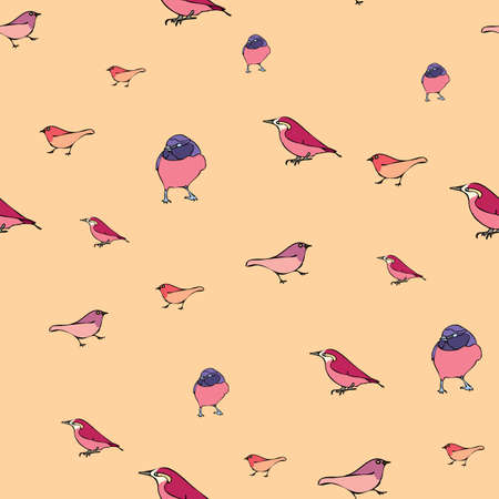 Vector pastel orange background various red birds seamless pattern. Purple Finch, Seamless pattern backgroundのイラスト素材