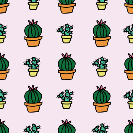 Vector pink background cactus plant in pot, succulents seamless pattern. Seamless pattern backgroundのイラスト素材