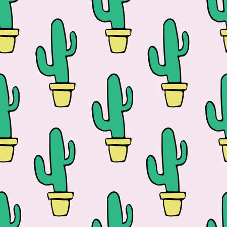 Vector pink background cactus plant in pot, succulents seamless pattern. Seamless pattern backgroundのイラスト素材