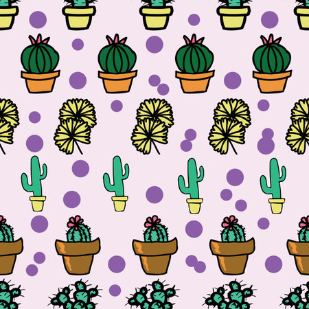 Vector pink background cactus plant in pot, succulents seamless pattern. Seamless pattern background