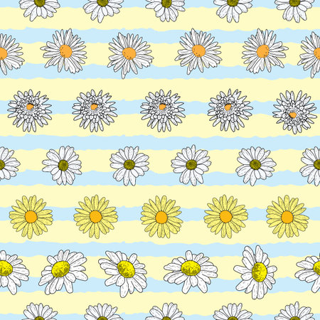 Vector yellow background daisy flowers and wild flowers. Seamless pattern backgroundのイラスト素材