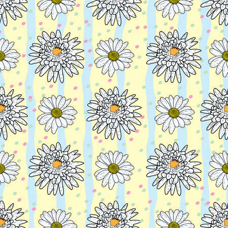Vector yellow background daisy flowers and wild flowers. Seamless pattern backgroundのイラスト素材