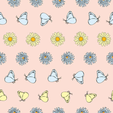 Vector pastel pink peach background daisy flowers, wild flowers and butterflies, insects. Seamless pattern backgroundのイラスト素材