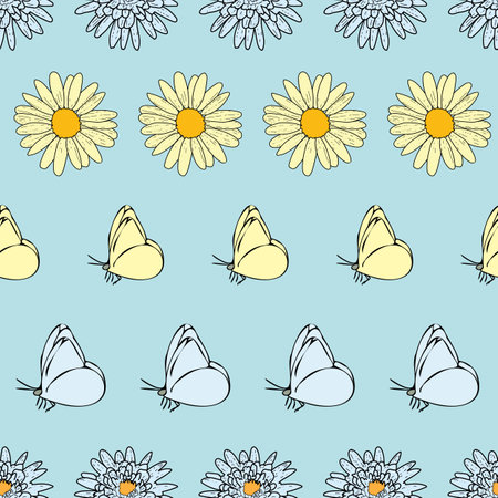 Vector white background daisy flowers, wild flowers and butterflies, insects. Seamless pattern backgroundのイラスト素材