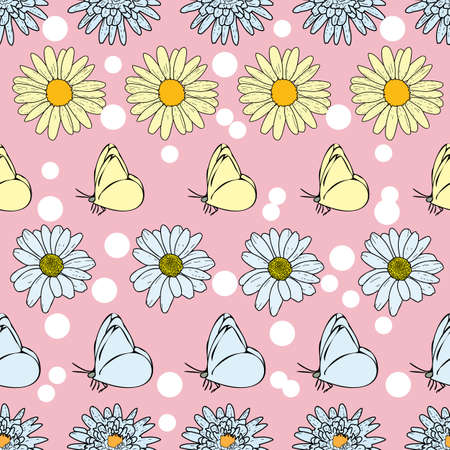 Vector pastel pink background daisy flowers, wild flowers and butterflies, insects. Seamless pattern backgroundのイラスト素材