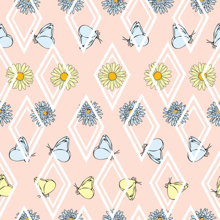 Vector pastel pink peach background daisy flowers, wild flowers and butterflies, insects. Seamless pattern backgroundのイラスト素材