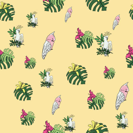 Vector pastel yellow background tropical birds, parrots, exotic cheese plant, monstera, hibiscus flowers. Seamless pattern backgroundの写真素材