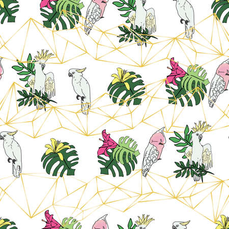 Vector white background tropical birds, parrots, exotic cheese plant, monstera, hibiscus flowers. Seamless pattern backgroundのイラスト素材